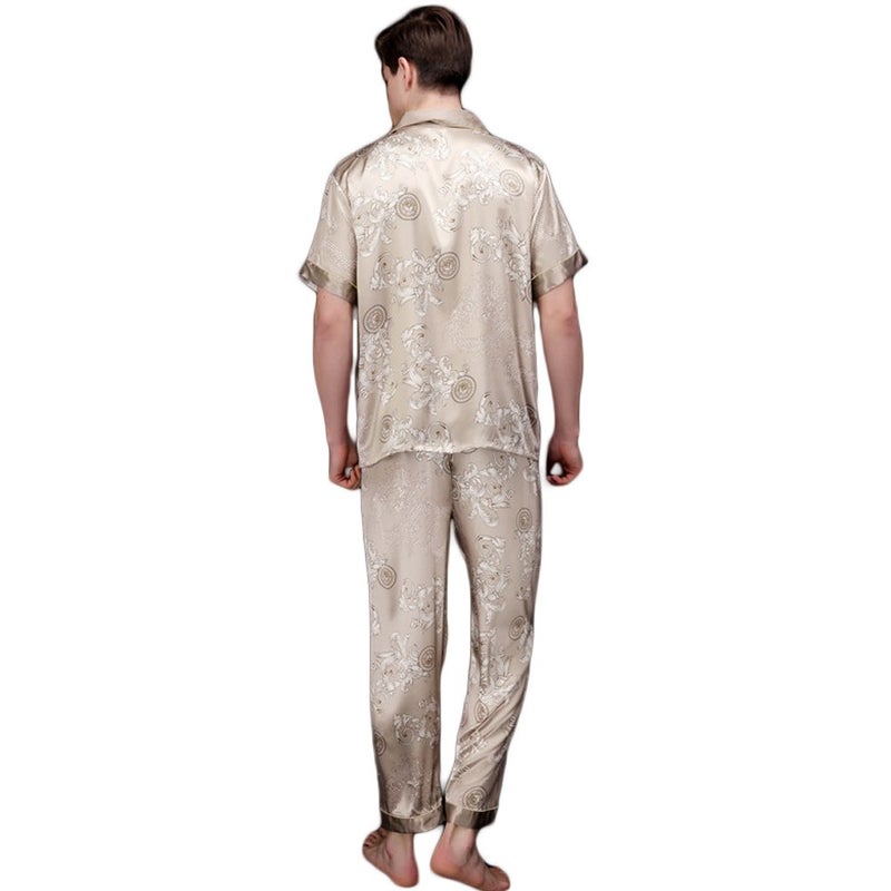 ZUEVI Men's Silk Satin Short Sleeve Pajamas Set Dragon Pattern Loungewear Button Down Pjs Set for Men(DRAGON-XL) - Image 2